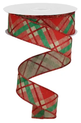 1.5"x10yd Glitter Plaid On Royal, Light Beige/Red/Emerald  J75