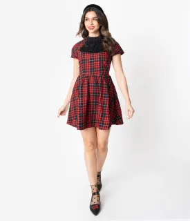 1960s Style Red & Black Plaid Jabot Fit & Flare Dress