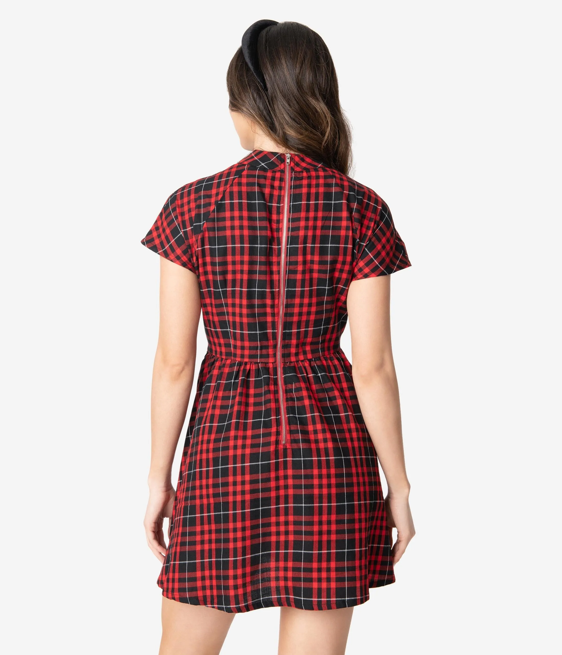 1960s Style Red & Black Plaid Jabot Fit & Flare Dress