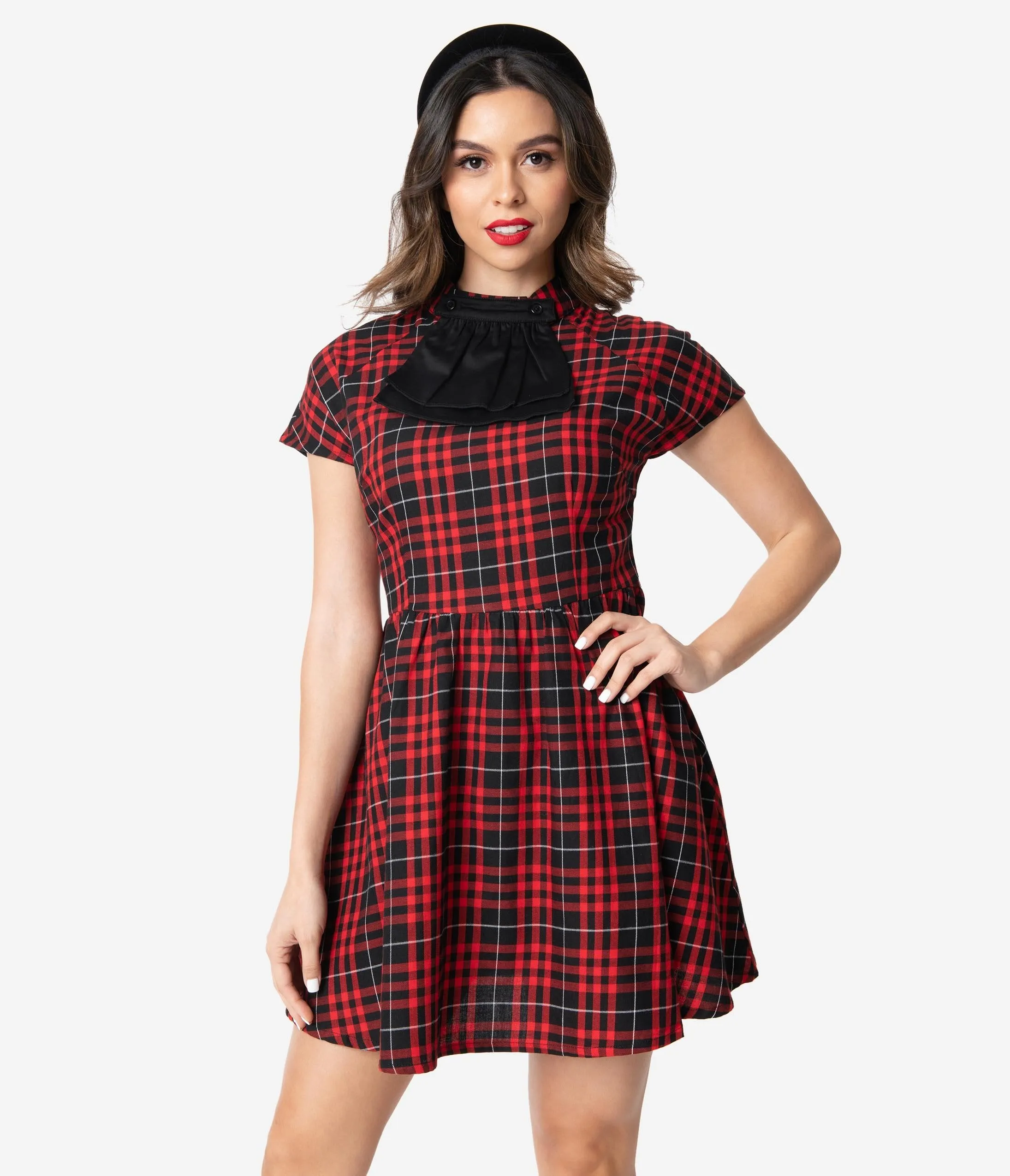 1960s Style Red & Black Plaid Jabot Fit & Flare Dress