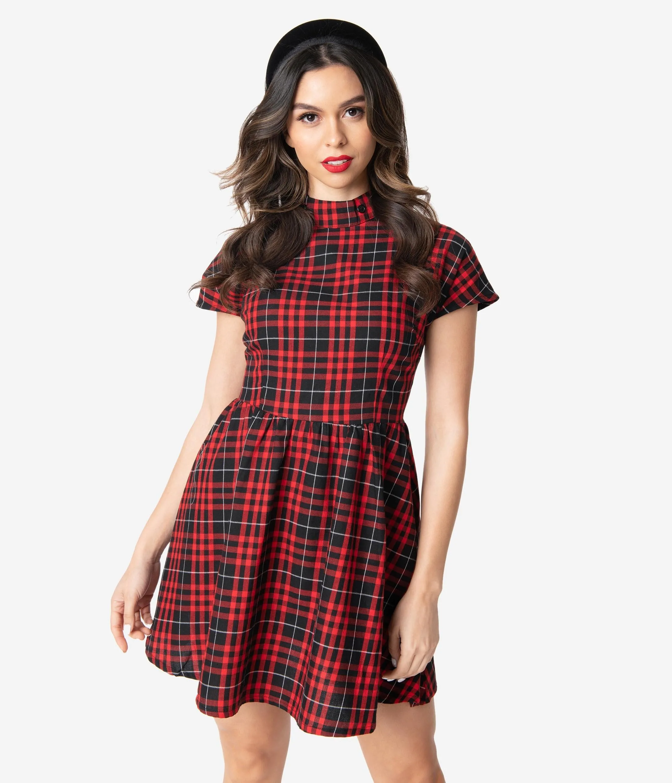 1960s Style Red & Black Plaid Jabot Fit & Flare Dress