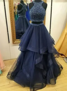 2025 A Line Ruffles Tulle Navy Blue High Neck Two Pieces Prom Dress