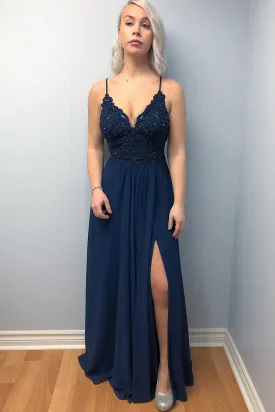 A Line V Neck Lace Beading Top Cross Back Navy Blue Prom Dresses with Leg Split, Navy Blue Formal Dresses, Lace Evening Dresses 2019