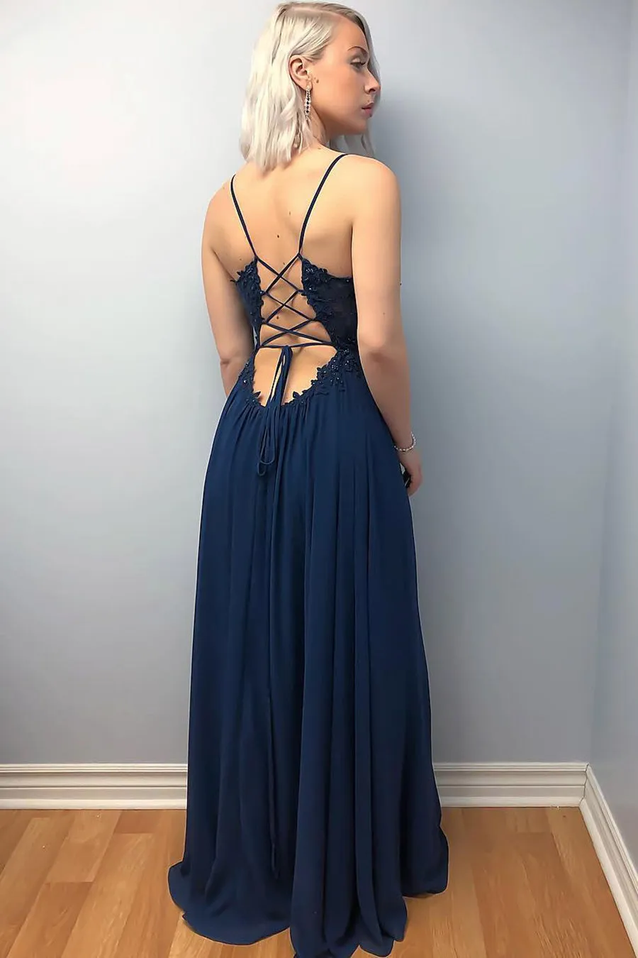 A Line V Neck Lace Beading Top Cross Back Navy Blue Prom Dresses with Leg Split, Navy Blue Formal Dresses, Lace Evening Dresses 2019