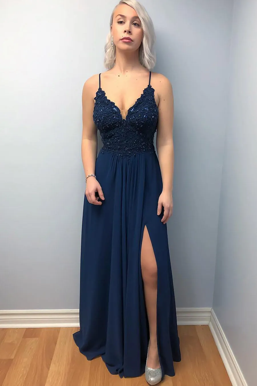 A Line V Neck Lace Beading Top Cross Back Navy Blue Prom Dresses with Leg Split, Navy Blue Formal Dresses, Lace Evening Dresses 2019