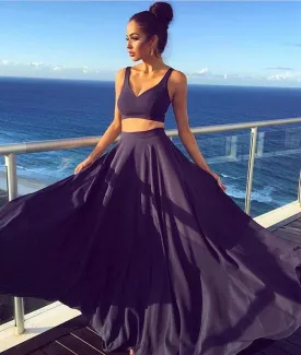 A Line V Neck Two Pieces Navy Blue Prom Dresses, Navy Blue Two Piece Long Evening Dresses, Navy Blue Formal Graduation Dresses
