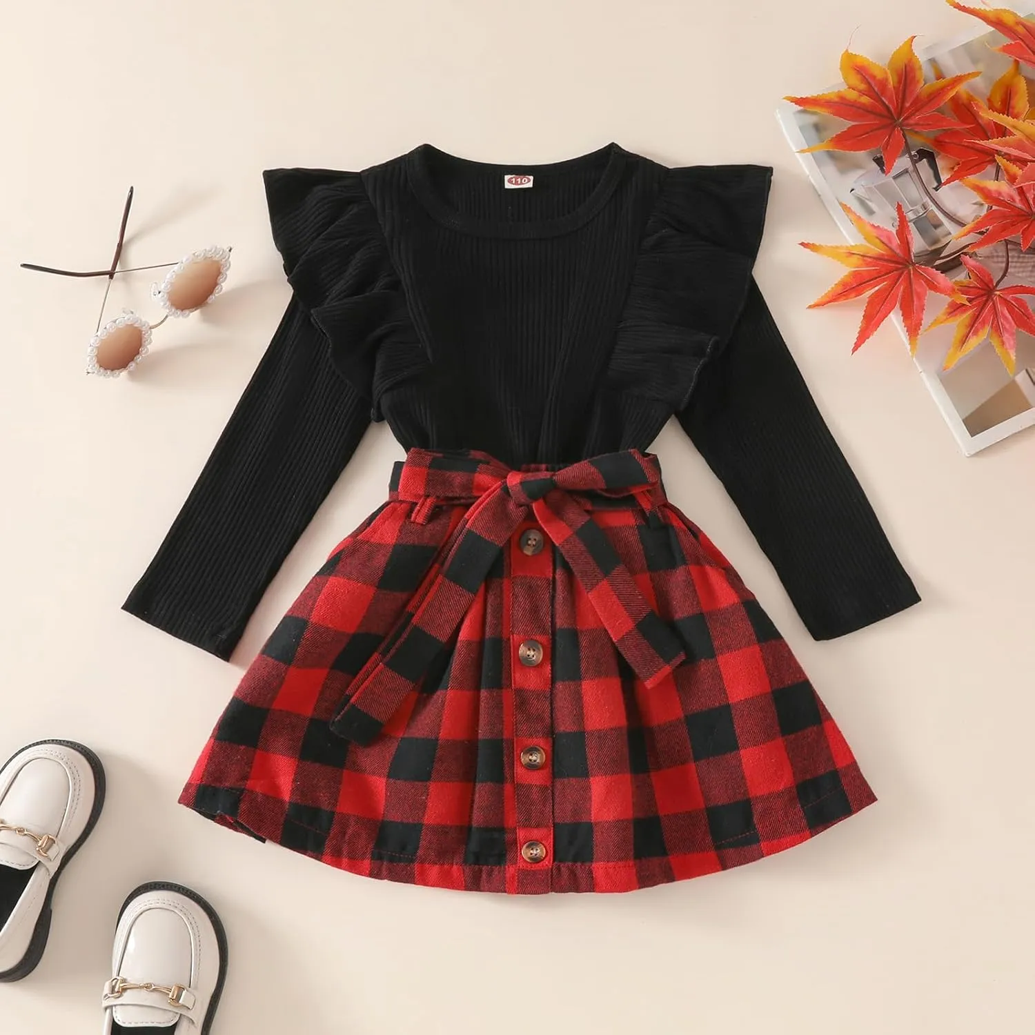 AMAWMW Toddler Baby Girl Fall Winter Clothes Long Sleeve Ruffle Shirt Corduroy Mini Skirt Infant Girl A-line Dress