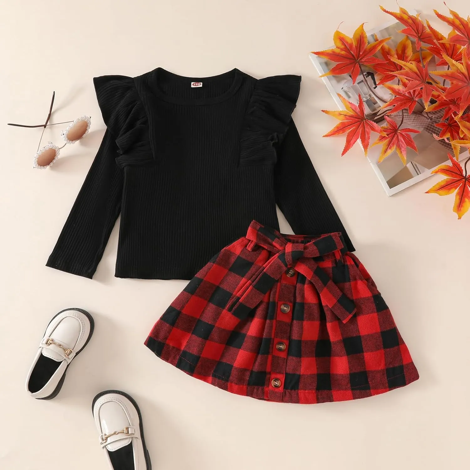 AMAWMW Toddler Baby Girl Fall Winter Clothes Long Sleeve Ruffle Shirt Corduroy Mini Skirt Infant Girl A-line Dress
