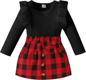 AMAWMW Toddler Baby Girl Fall Winter Clothes Long Sleeve Ruffle Shirt Corduroy Mini Skirt Infant Girl A-line Dress