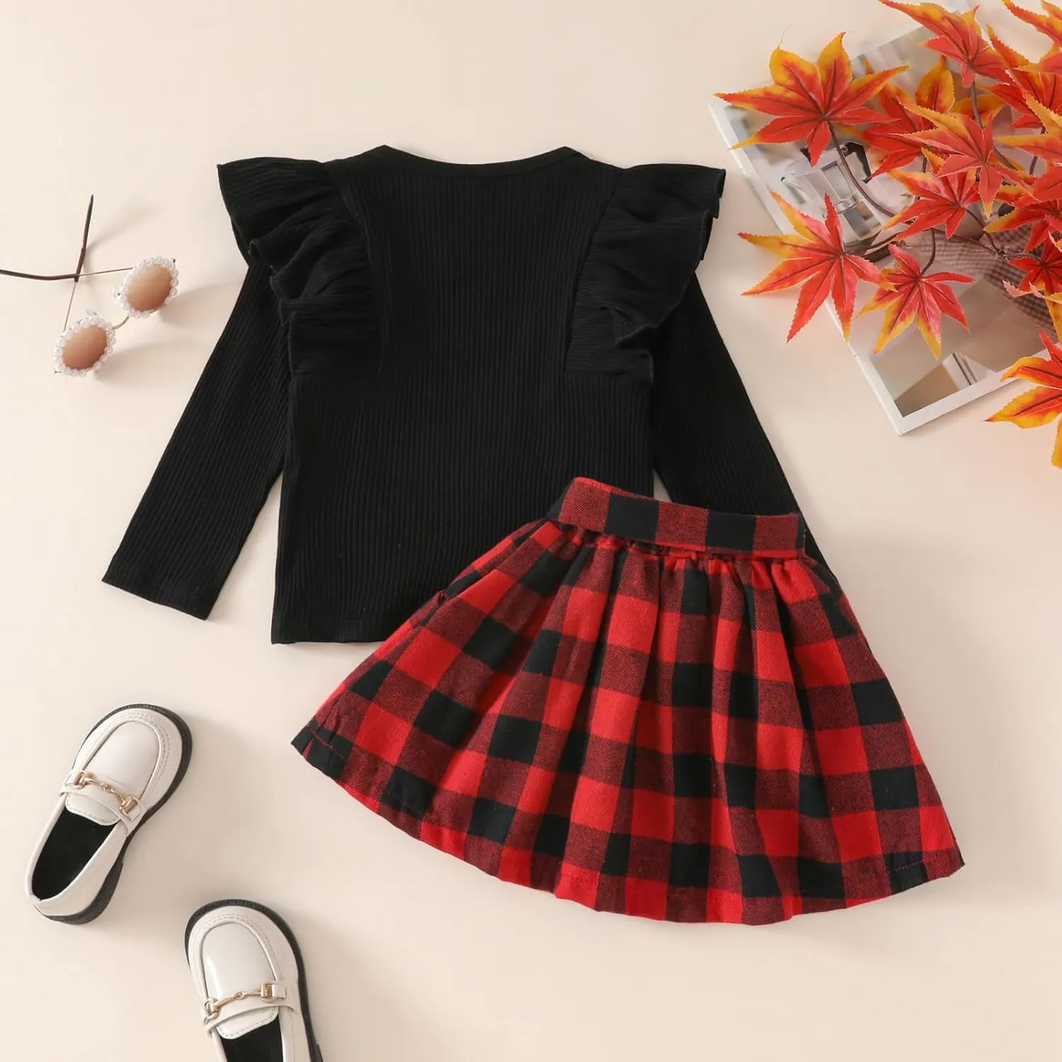 AMAWMW Toddler Baby Girl Fall Winter Clothes Long Sleeve Ruffle Shirt Corduroy Mini Skirt Infant Girl A-line Dress