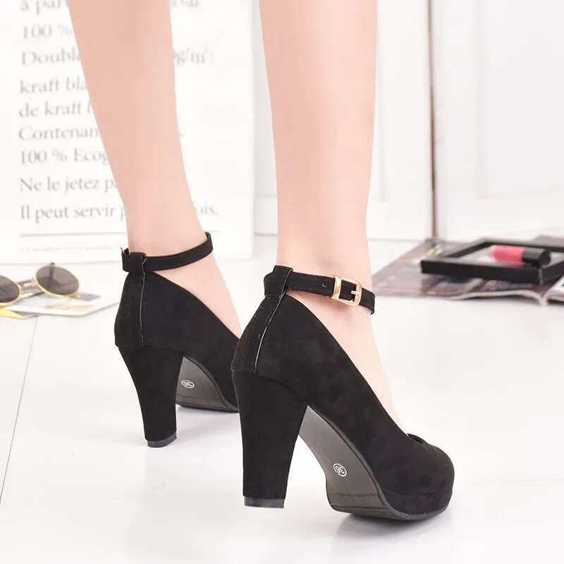 Amozae   Ankle Strap High Heels Sweet Women's Pumps Flock Woman Thick Flock Platform Mary Jane Women Party Shoes Buckle Ladies Footwear
