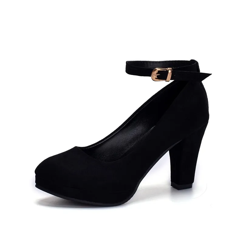 Amozae   Ankle Strap High Heels Sweet Women's Pumps Flock Woman Thick Flock Platform Mary Jane Women Party Shoes Buckle Ladies Footwear