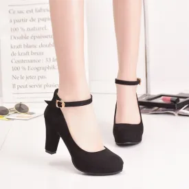 Amozae   Ankle Strap High Heels Sweet Women's Pumps Flock Woman Thick Flock Platform Mary Jane Women Party Shoes Buckle Ladies Footwear