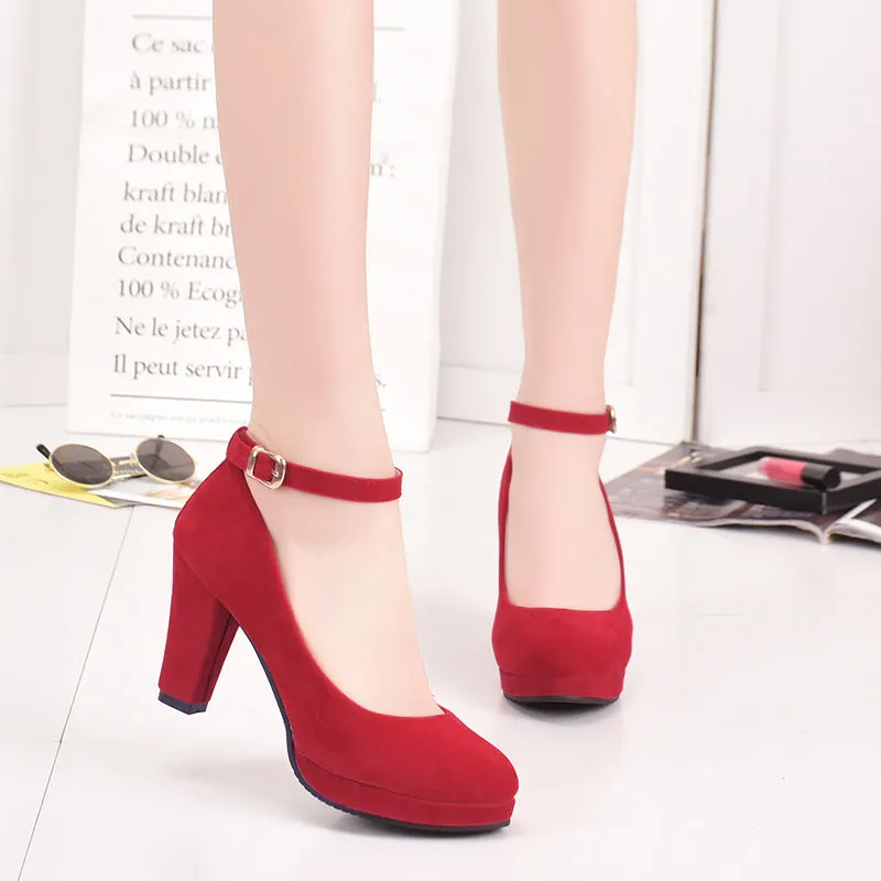 Amozae   Ankle Strap High Heels Sweet Women's Pumps Flock Woman Thick Flock Platform Mary Jane Women Party Shoes Buckle Ladies Footwear
