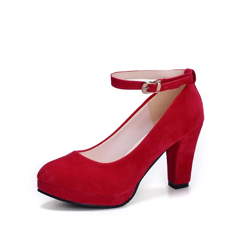 Amozae   Ankle Strap High Heels Sweet Women's Pumps Flock Woman Thick Flock Platform Mary Jane Women Party Shoes Buckle Ladies Footwear