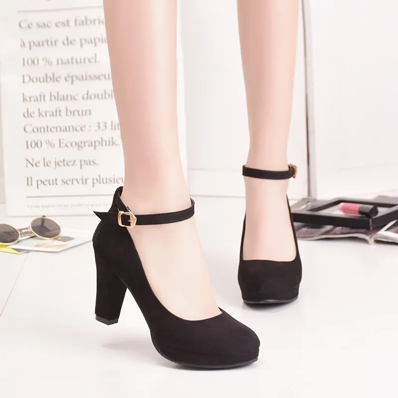 Amozae   Ankle Strap High Heels Sweet Women's Pumps Flock Woman Thick Flock Platform Mary Jane Women Party Shoes Buckle Ladies Footwear
