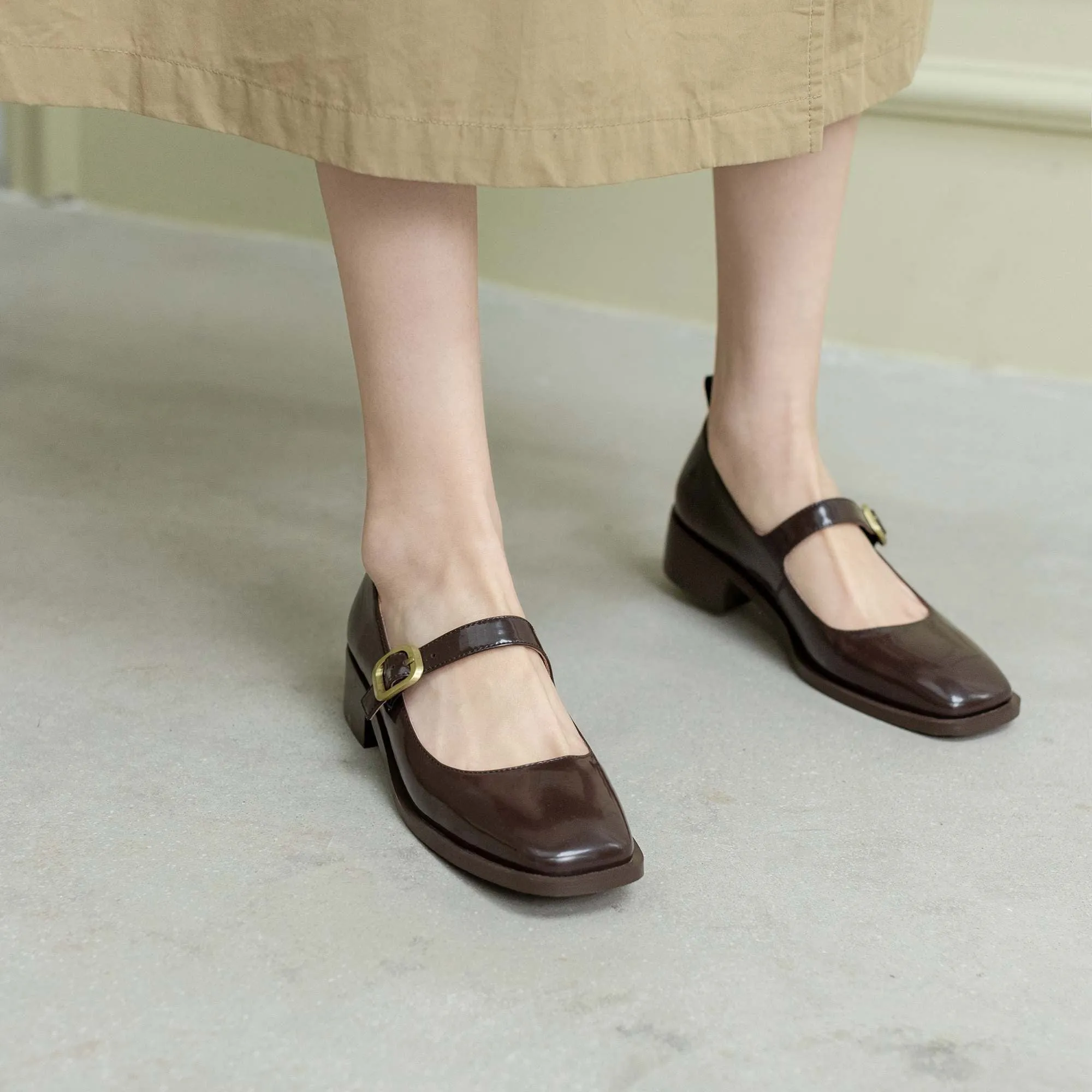 Amozae-   genuine leather square toe med heel spring shoes mature sweet dating buckle strap Mary janes women pumps L3f4