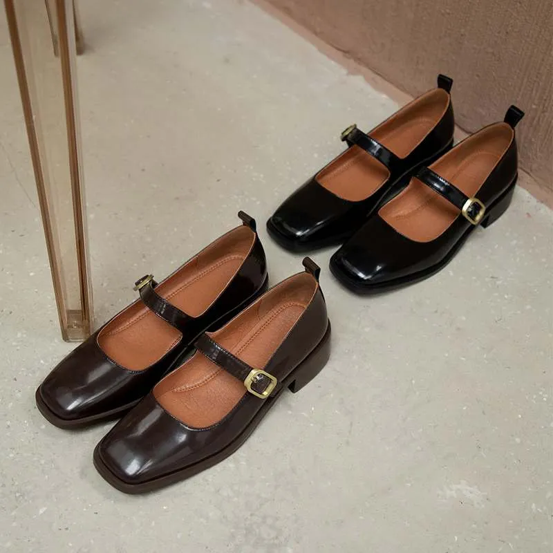 Amozae-   genuine leather square toe med heel spring shoes mature sweet dating buckle strap Mary janes women pumps L3f4
