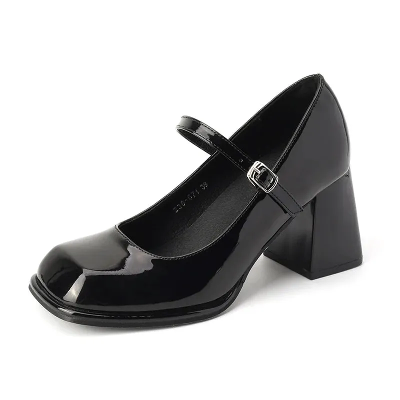 Amozae-New Chunky Mary Jane Heels Pumps Fashion Vintage Patent Leather High Heels Female Square-toed Black Lolita Platform Shoes Womens