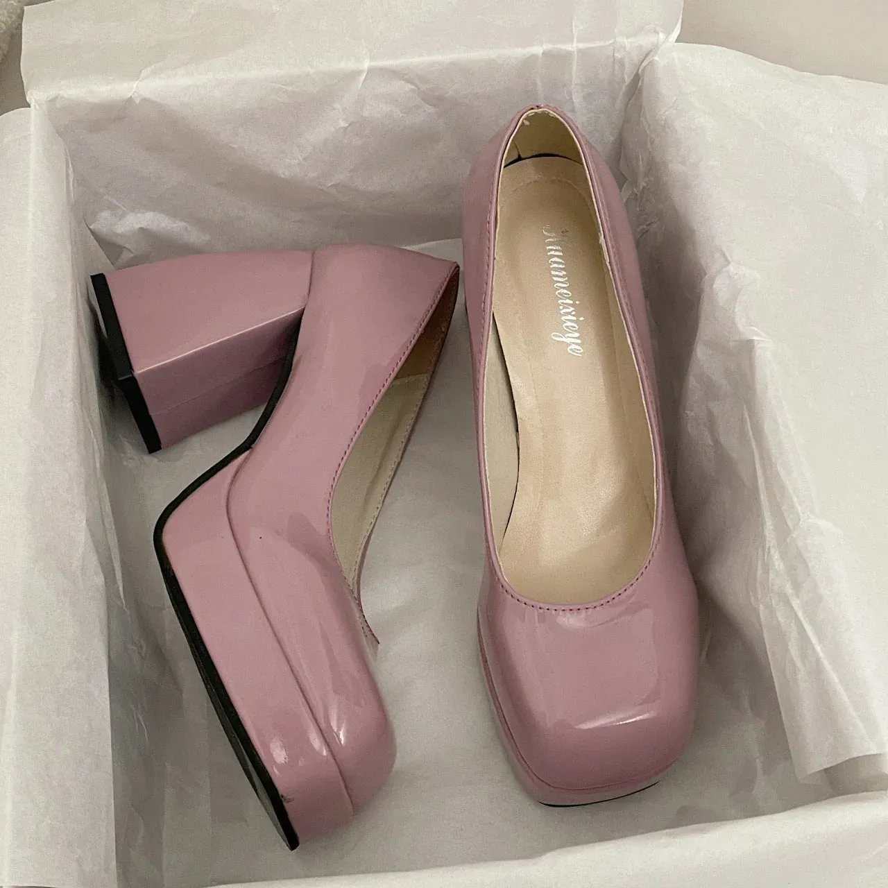 Amozae-Platform Heel Chunky Shoes Women Retro Pumps Women Fashion Slip On Shallow Party Women's Square High Heel Shoes
