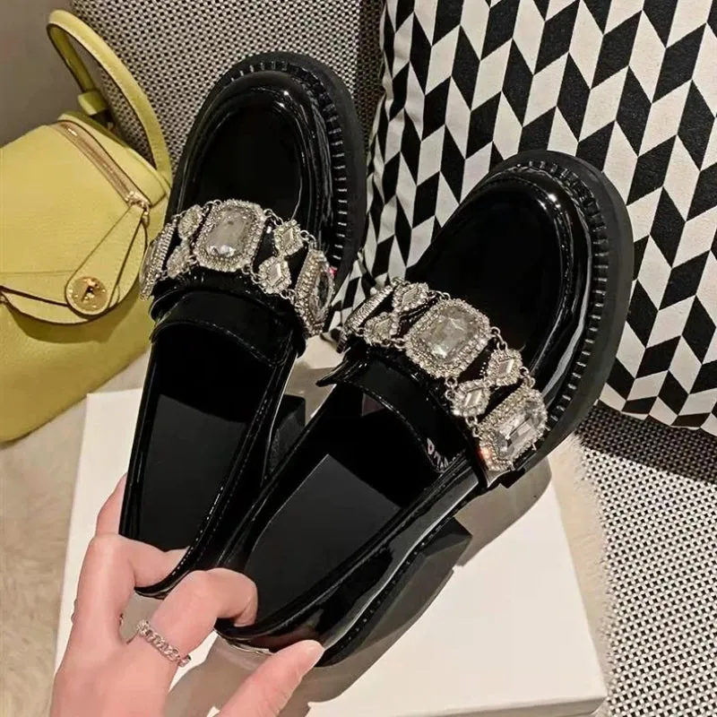 Amozae-Rhinestone Platform Mary Jane Shoes Women Pumps New Black Thick Bottom Loafers JK Uniforms Fashion Crystal Chunky Loafers Female