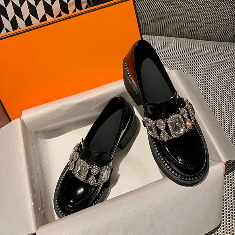 Amozae-Rhinestone Platform Mary Jane Shoes Women Pumps New Black Thick Bottom Loafers JK Uniforms Fashion Crystal Chunky Loafers Female