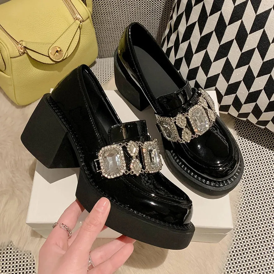 Amozae-Rhinestone Platform Mary Jane Shoes Women Pumps New Black Thick Bottom Loafers JK Uniforms Fashion Crystal Chunky Loafers Female