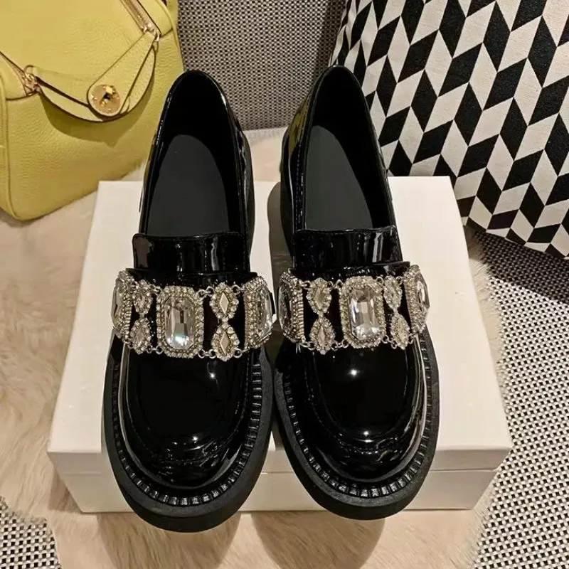 Amozae-Rhinestone Platform Mary Jane Shoes Women Pumps New Black Thick Bottom Loafers JK Uniforms Fashion Crystal Chunky Loafers Female