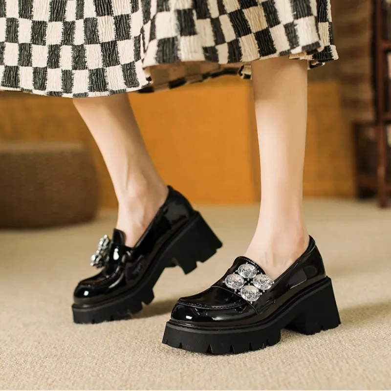 Amozae-Rhinestone Platform Mary Jane Shoes Women Pumps New Black Thick Bottom Loafers JK Uniforms Fashion Crystal Chunky Loafers Female