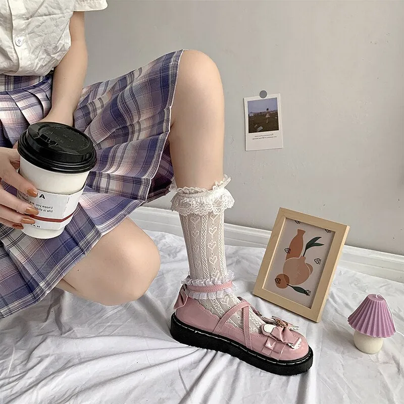 Amozae-  Sweet leather shoes female Mary Jane thick-soled increase Japanese lolita shoes 2024 summer thin jk shoes pink bow heel high 3CM