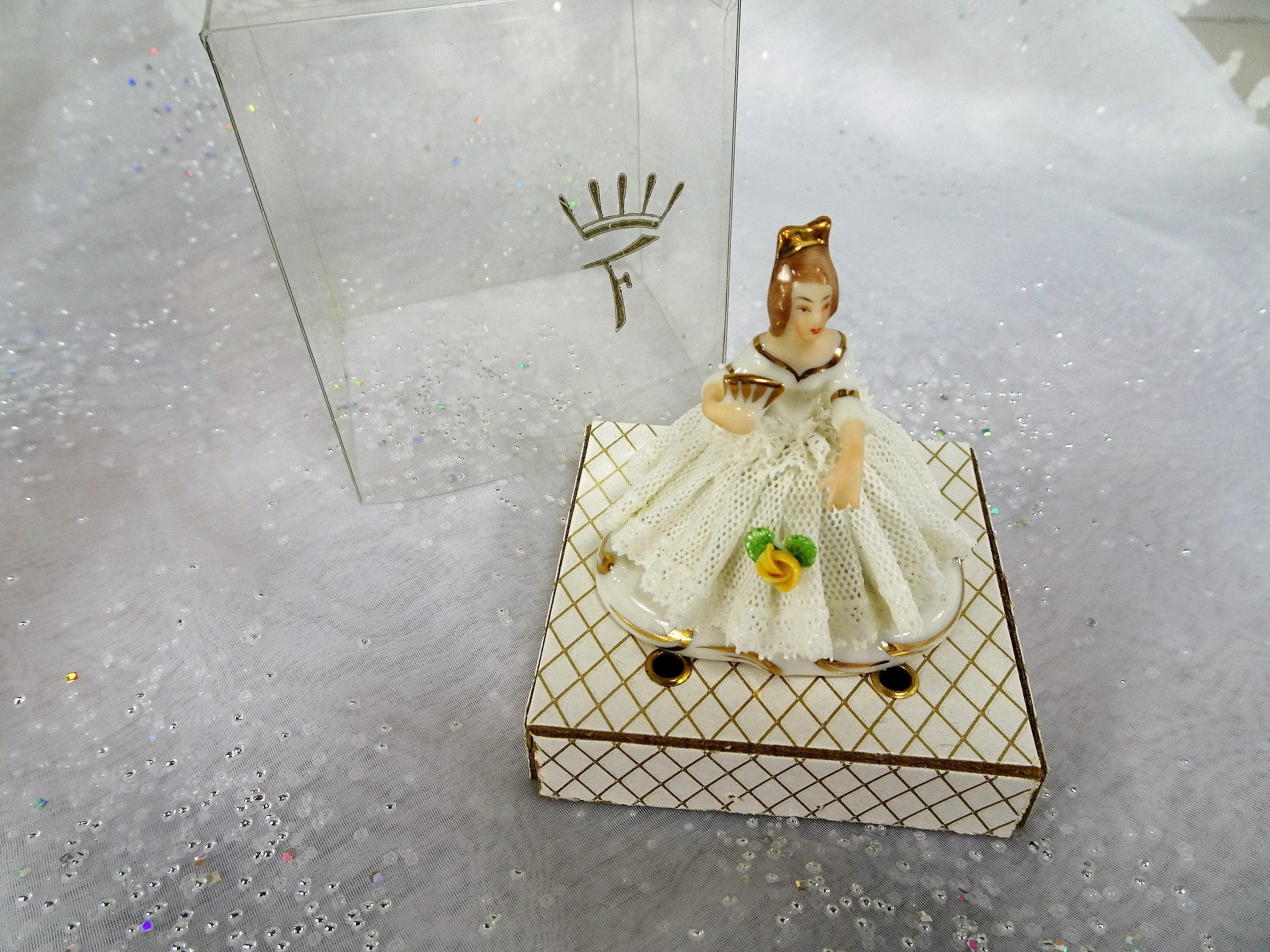 ANTIQUE Dresden Doll Figurine In ORIGINAL Box,Miniature Dresden Porcelain Figurine,Porcelain Lace Dress,Holding Fan,Collectible Figurines