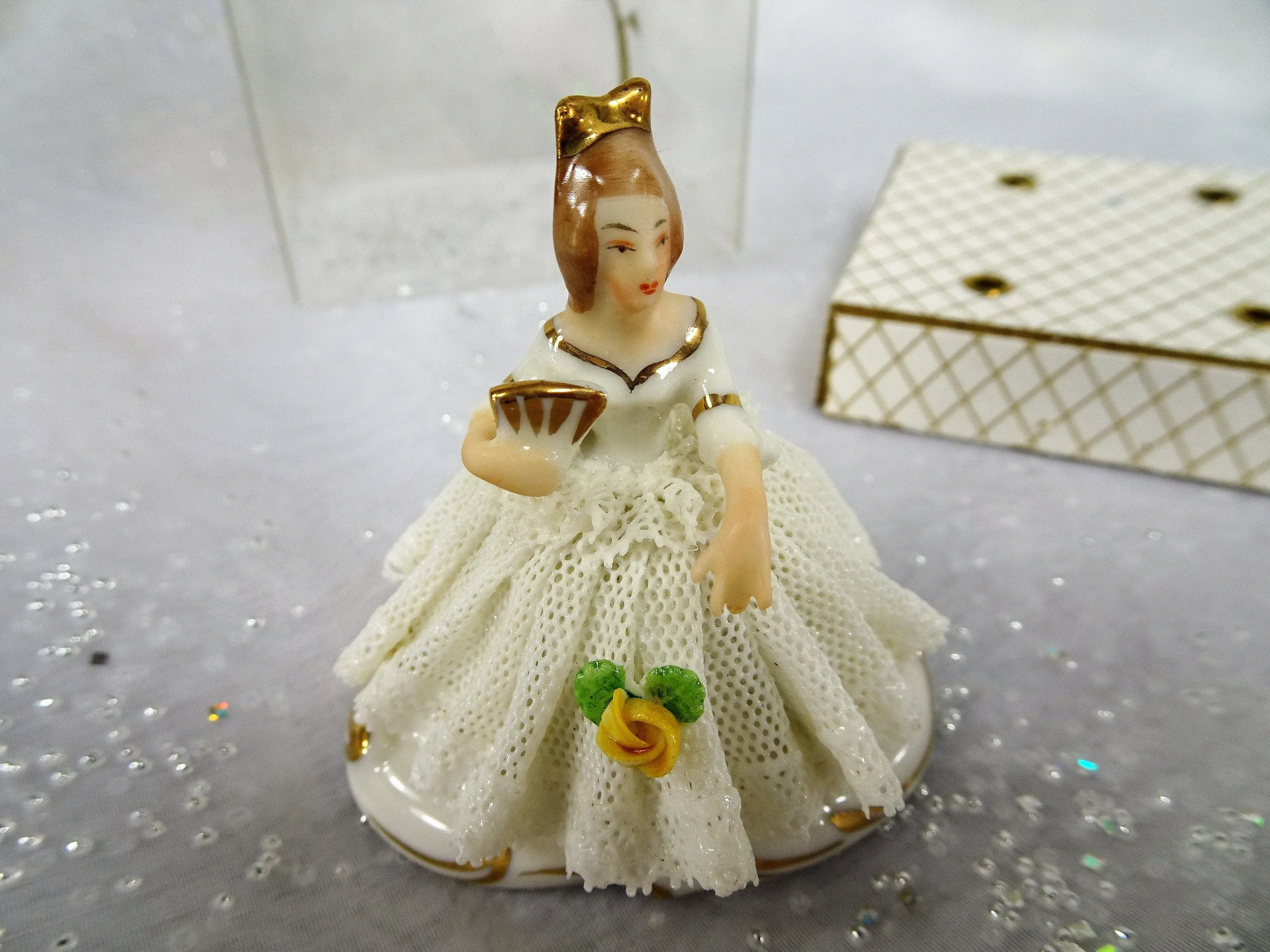 ANTIQUE Dresden Doll Figurine In ORIGINAL Box,Miniature Dresden Porcelain Figurine,Porcelain Lace Dress,Holding Fan,Collectible Figurines
