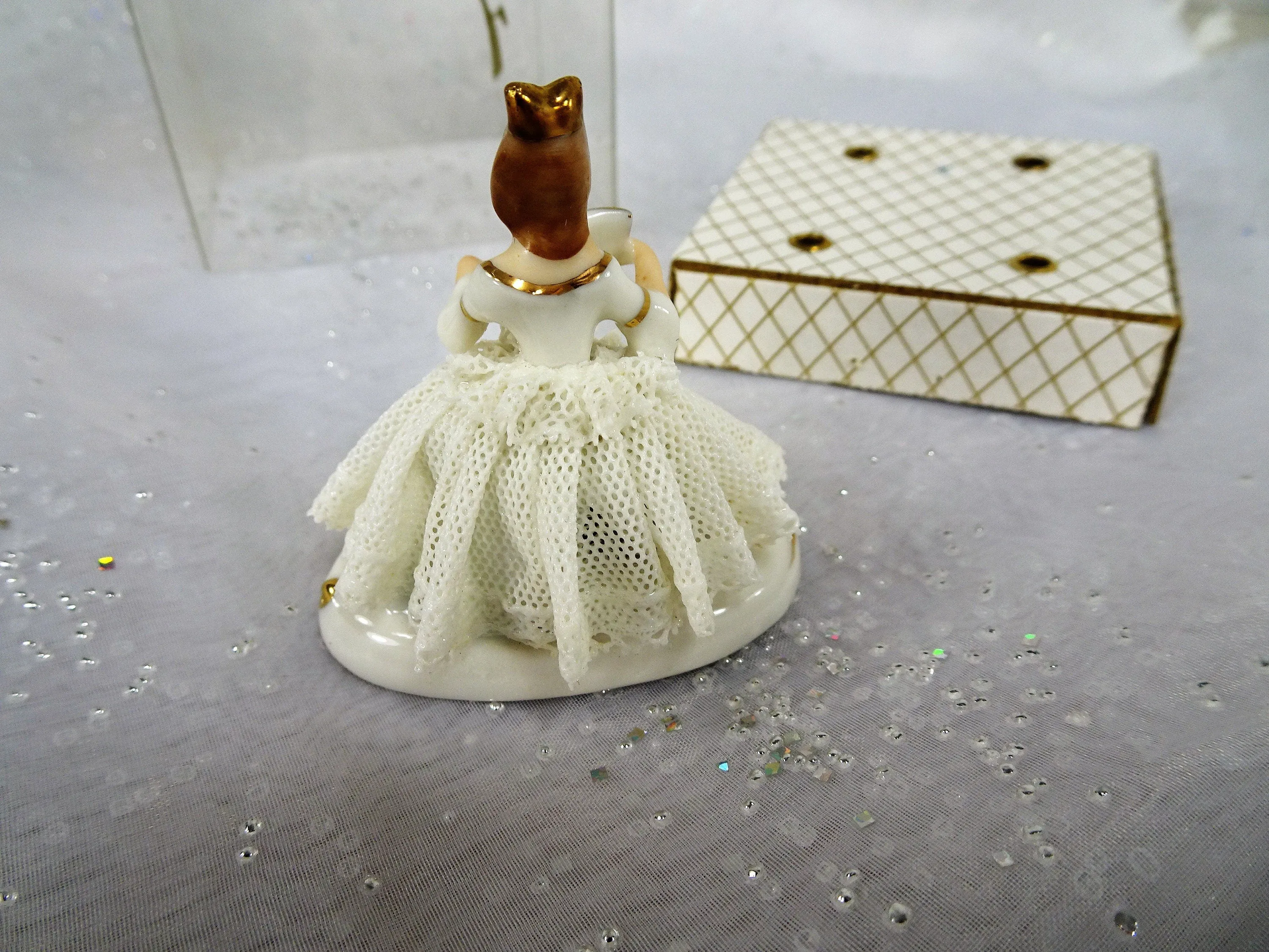 ANTIQUE Dresden Doll Figurine In ORIGINAL Box,Miniature Dresden Porcelain Figurine,Porcelain Lace Dress,Holding Fan,Collectible Figurines