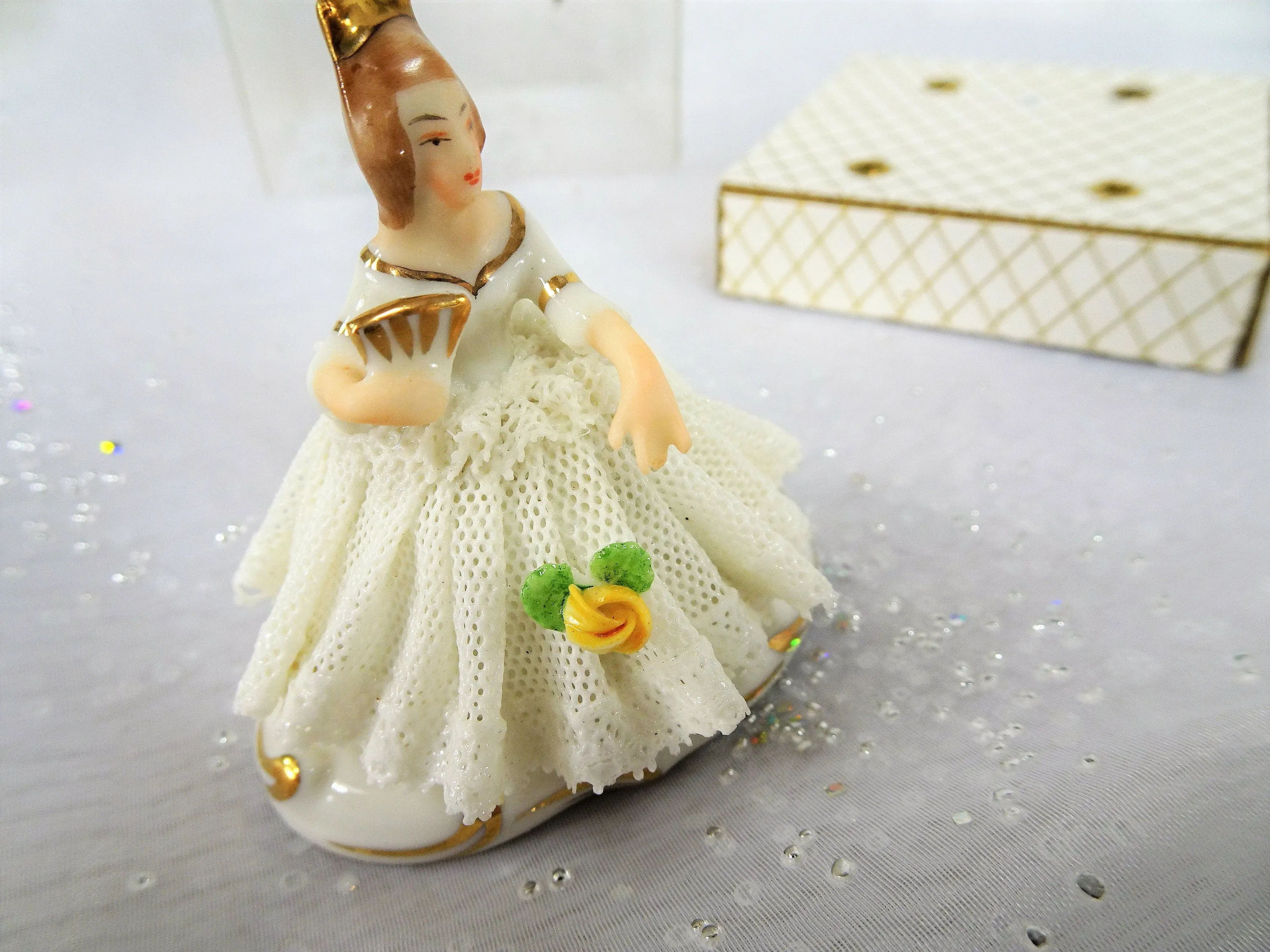ANTIQUE Dresden Doll Figurine In ORIGINAL Box,Miniature Dresden Porcelain Figurine,Porcelain Lace Dress,Holding Fan,Collectible Figurines