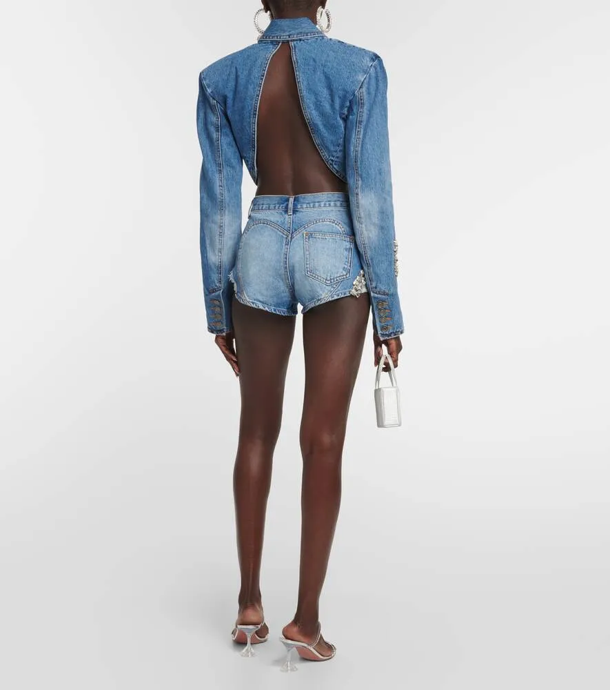 AREA embellished denim shorts, blue