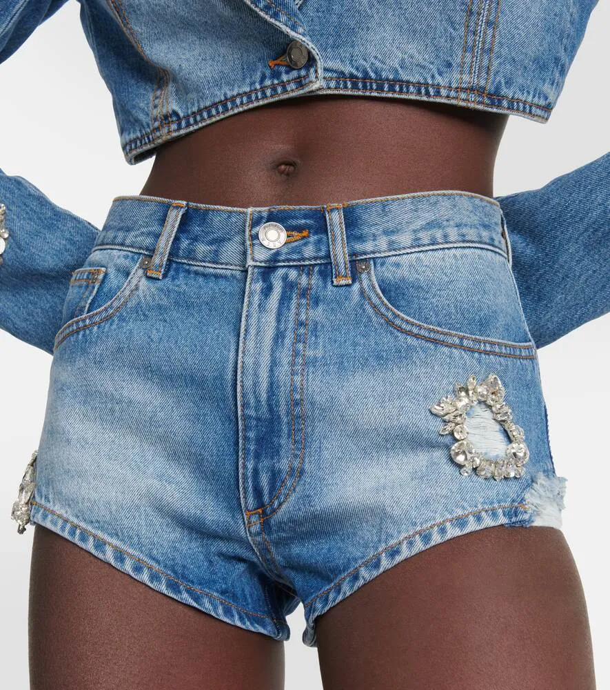 AREA embellished denim shorts, blue