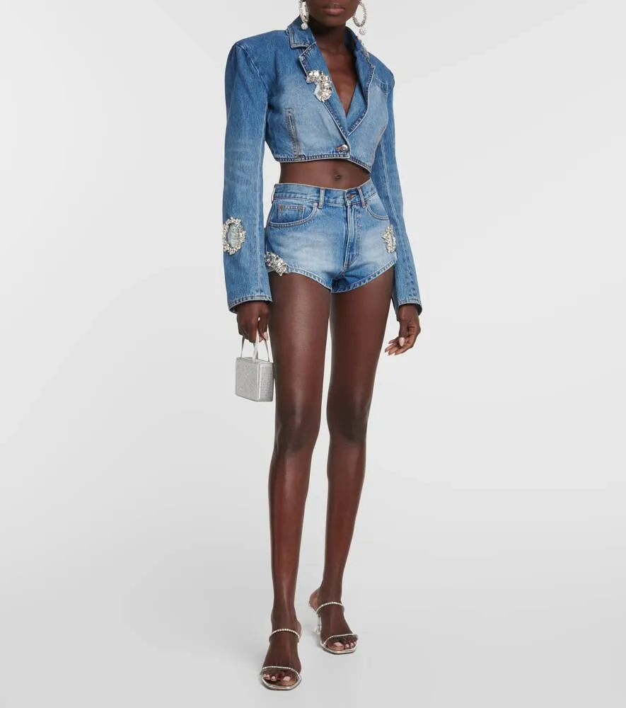 AREA embellished denim shorts, blue