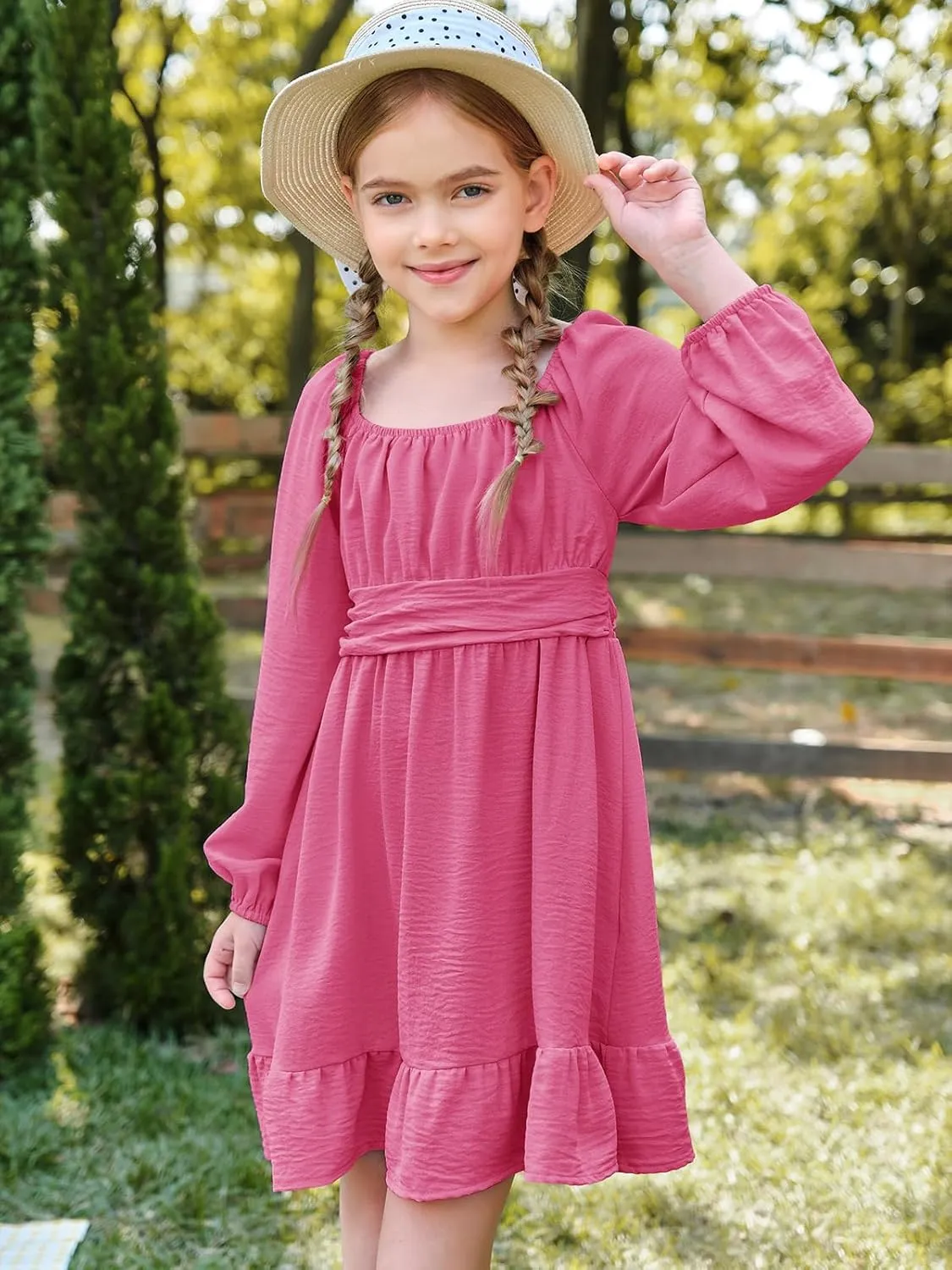 Batermoon Girls Long Sleeve Tie Back Dress Kids Fall Square Neck A-Line Mini Dresses 5-14 Years