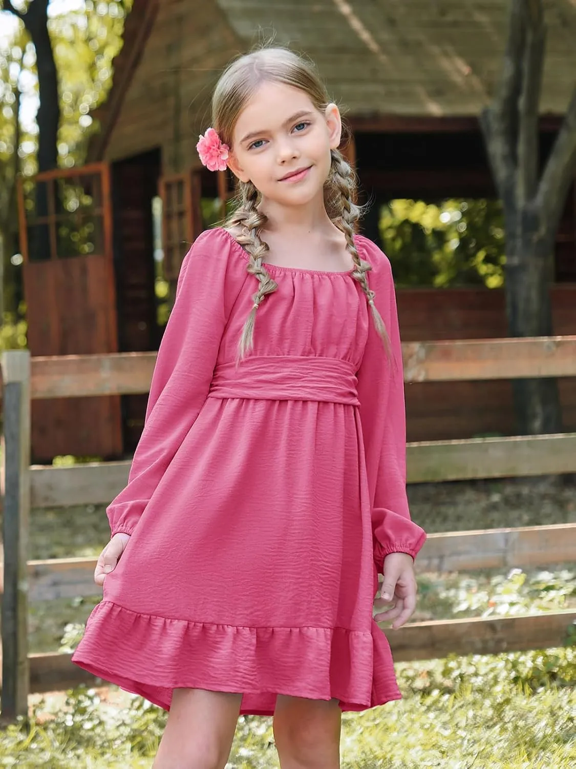 Batermoon Girls Long Sleeve Tie Back Dress Kids Fall Square Neck A-Line Mini Dresses 5-14 Years
