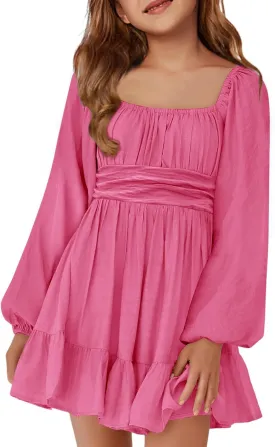 Batermoon Girls Long Sleeve Tie Back Dress Kids Fall Square Neck A-Line Mini Dresses 5-14 Years
