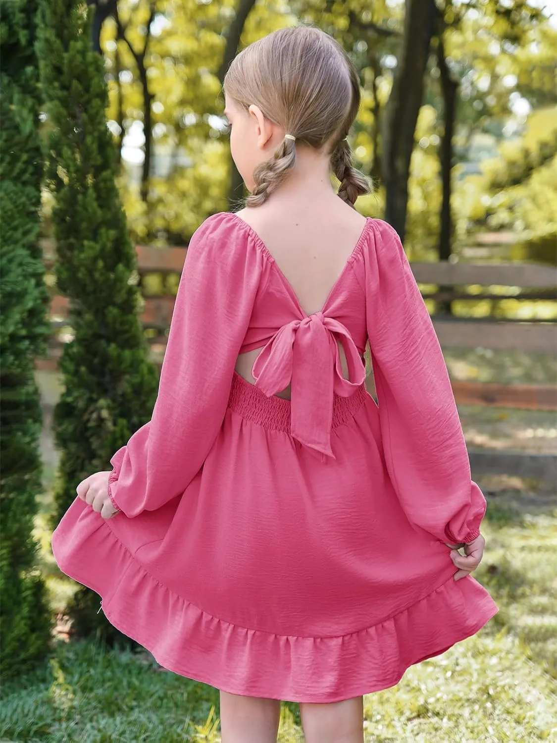 Batermoon Girls Long Sleeve Tie Back Dress Kids Fall Square Neck A-Line Mini Dresses 5-14 Years