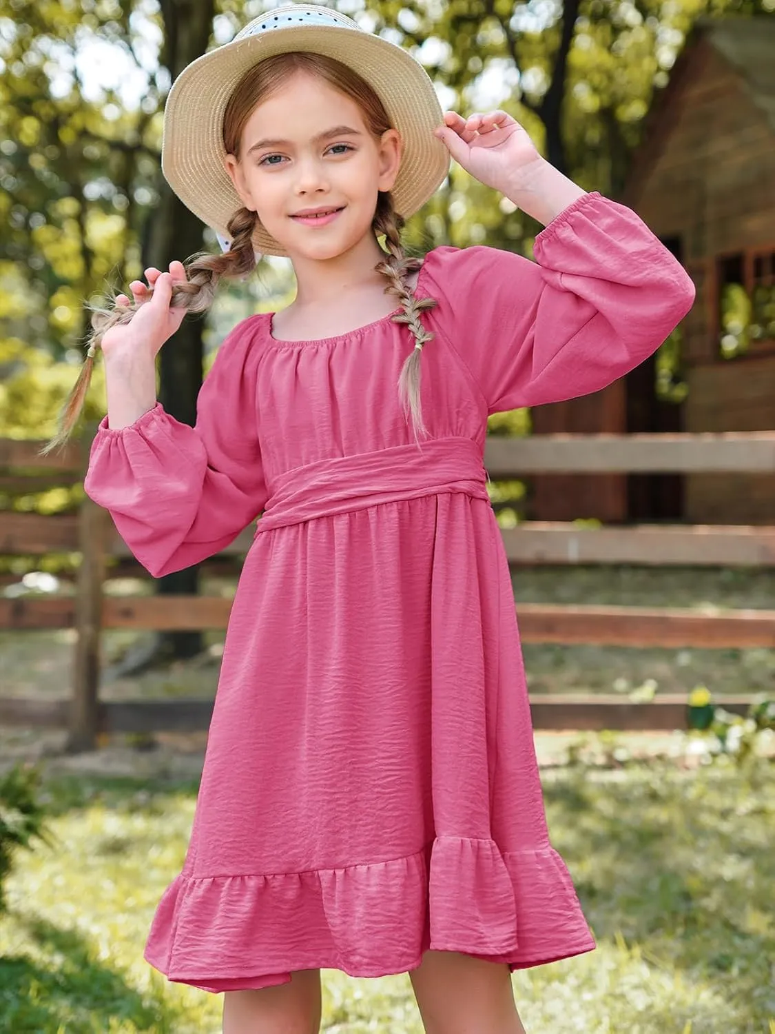 Batermoon Girls Long Sleeve Tie Back Dress Kids Fall Square Neck A-Line Mini Dresses 5-14 Years