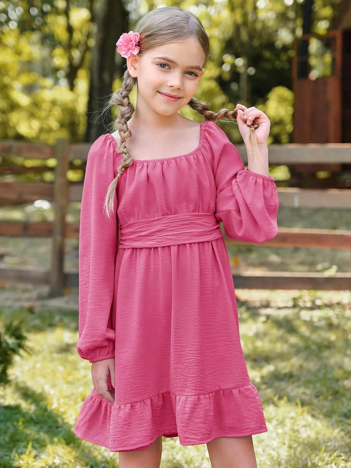 Batermoon Girls Long Sleeve Tie Back Dress Kids Fall Square Neck A-Line Mini Dresses 5-14 Years