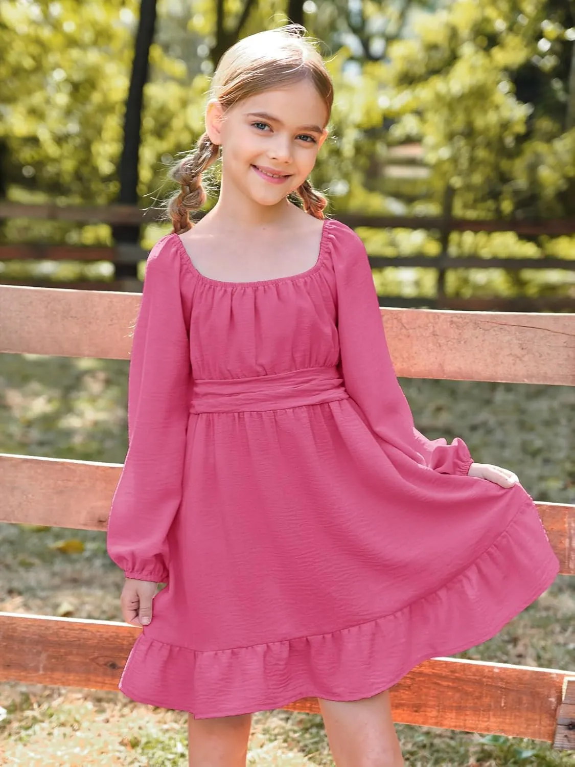 Batermoon Girls Long Sleeve Tie Back Dress Kids Fall Square Neck A-Line Mini Dresses 5-14 Years