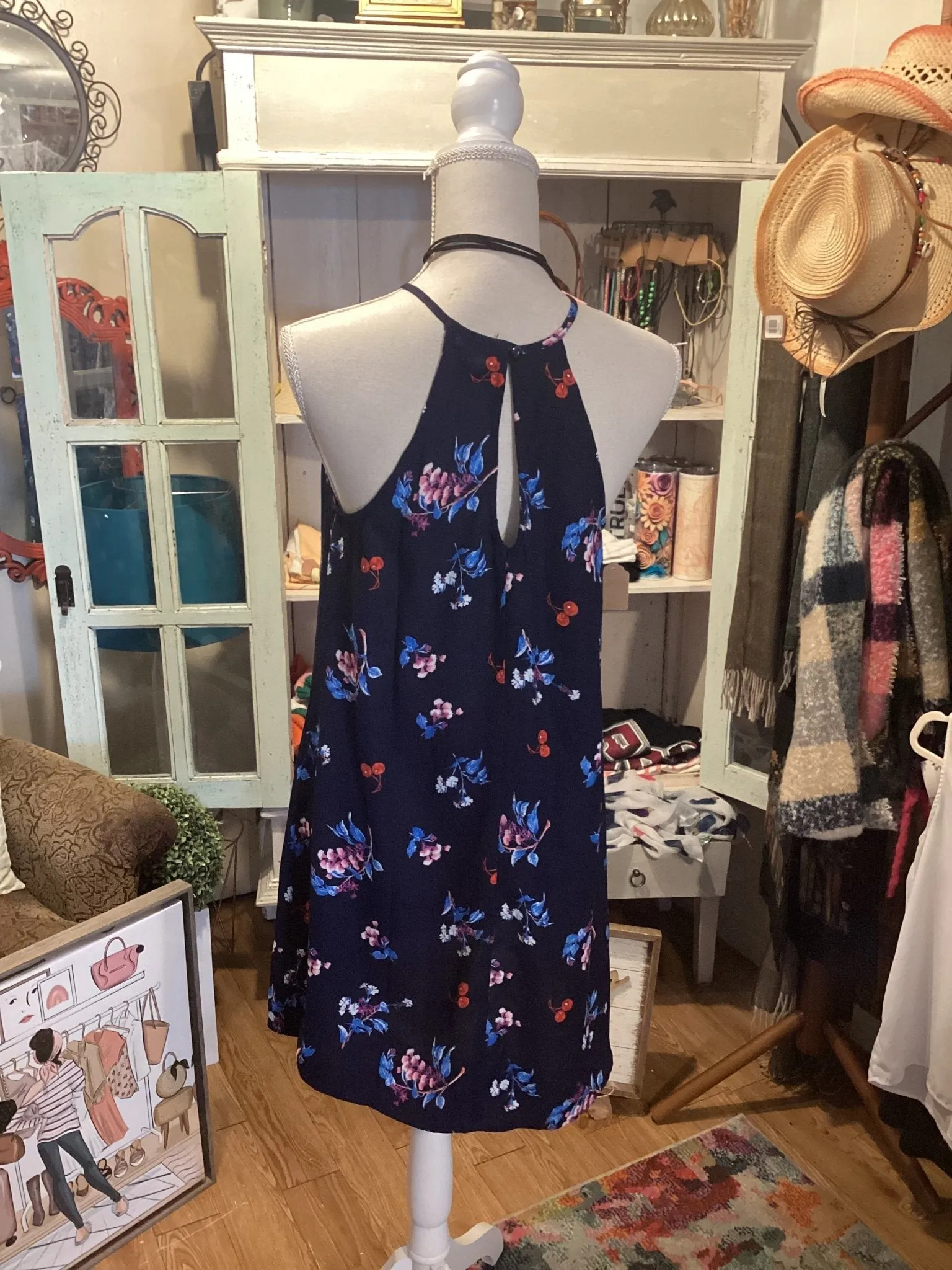 Bebop Navy blue floral Dress with cherries size medium