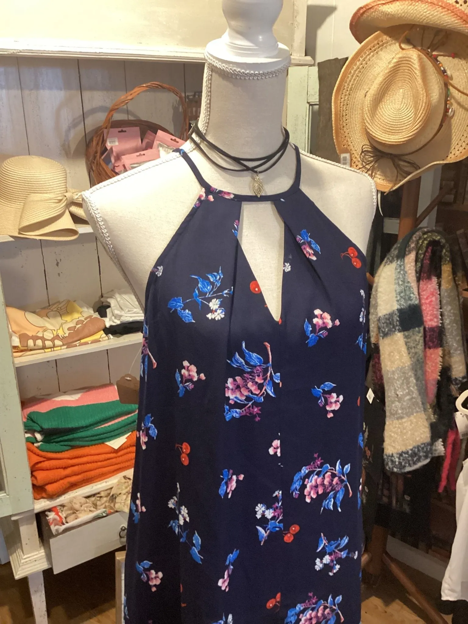 Bebop Navy blue floral Dress with cherries size medium
