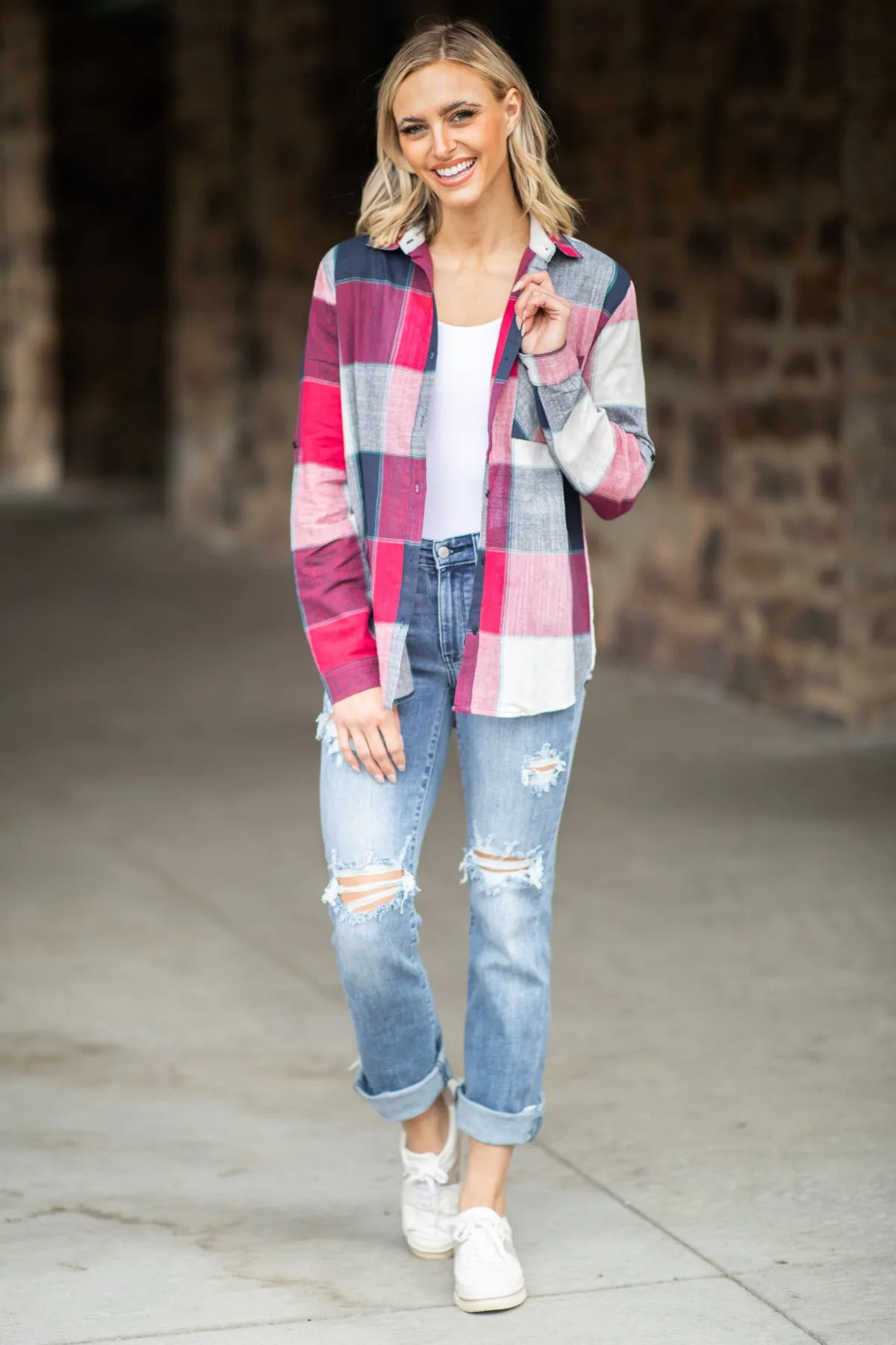 Berry and Navy Plaid Button Up Top