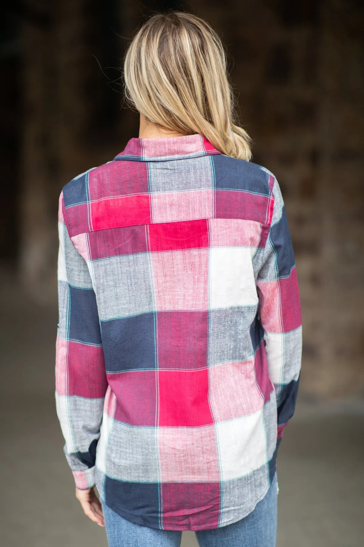 Berry and Navy Plaid Button Up Top