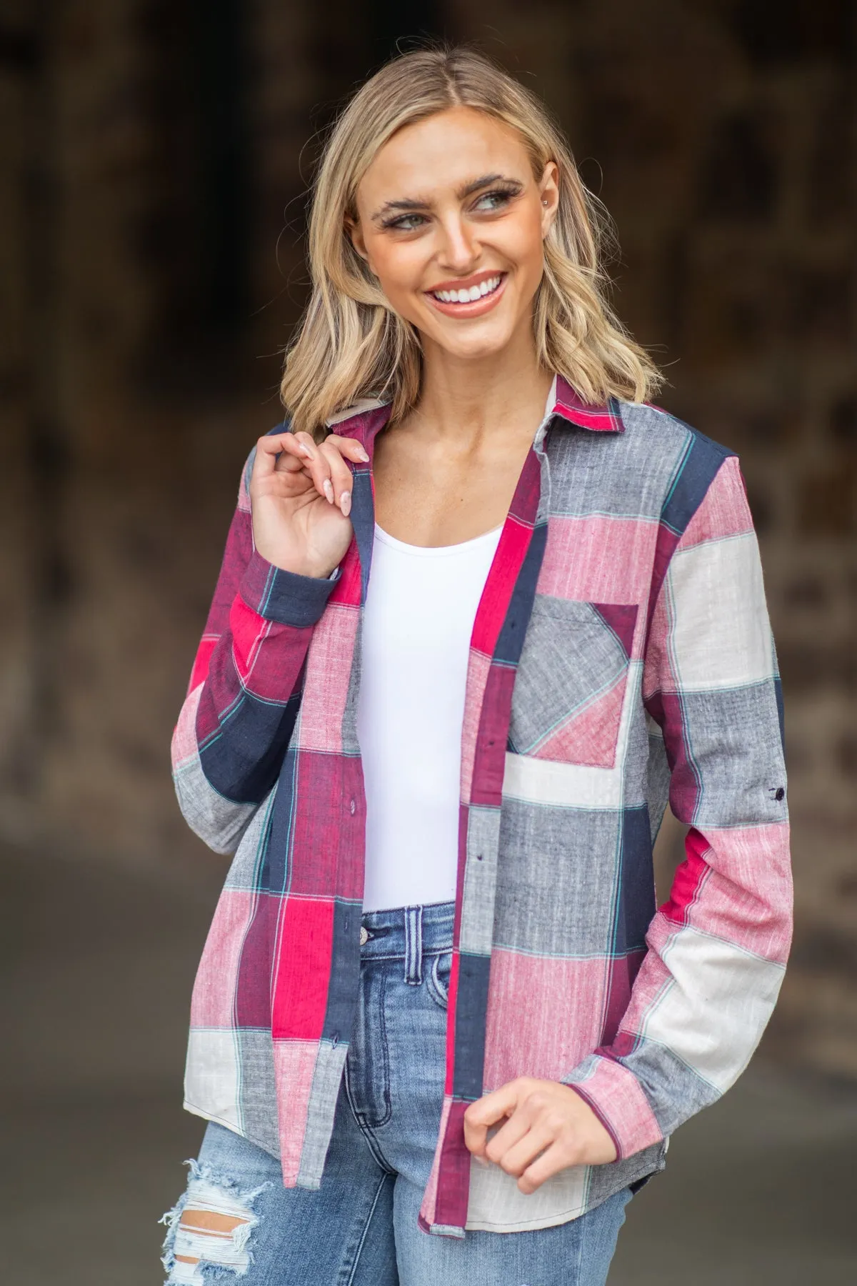 Berry and Navy Plaid Button Up Top