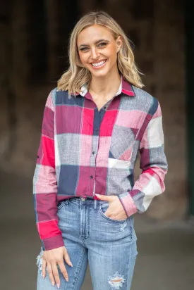 Berry and Navy Plaid Button Up Top